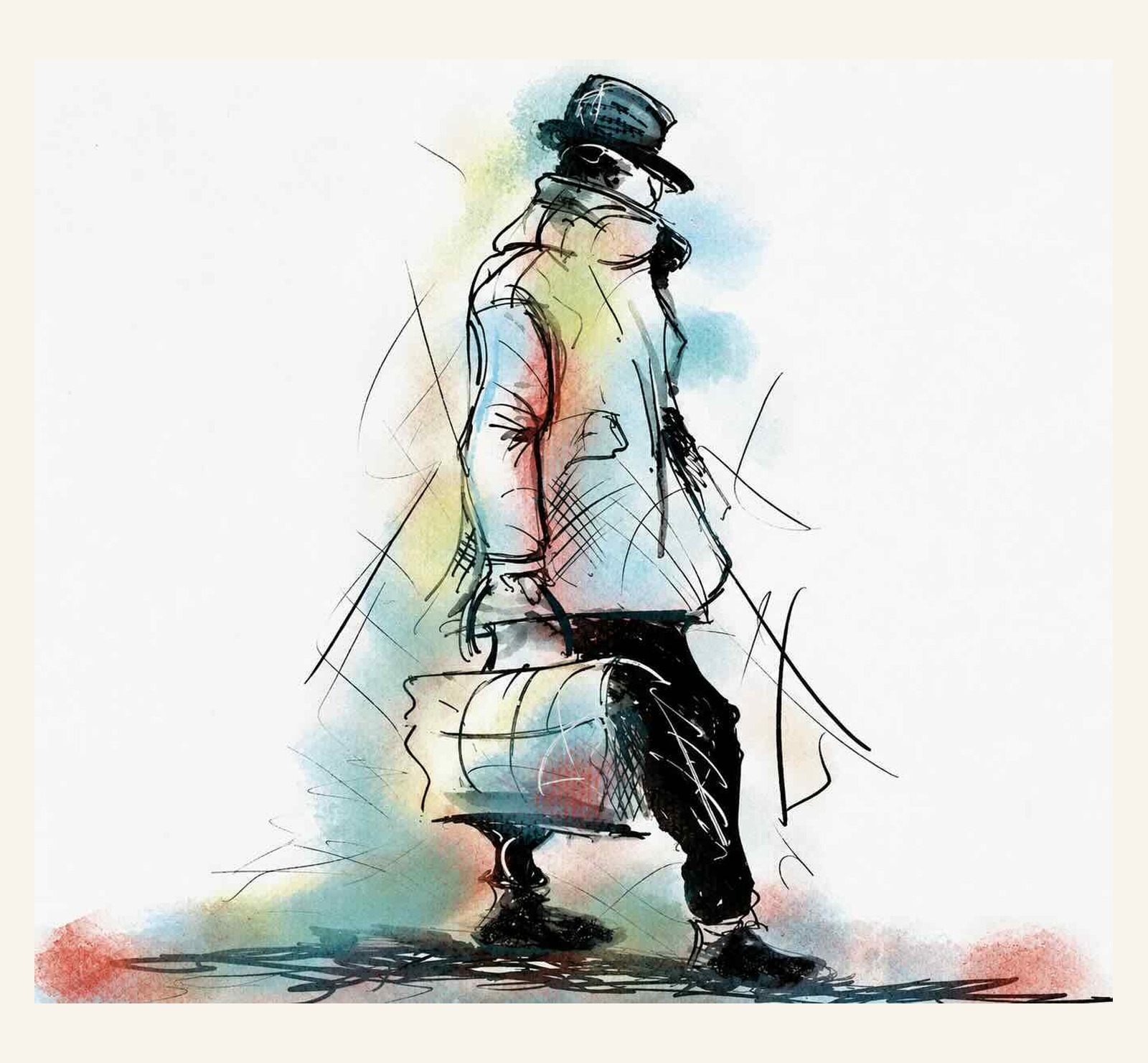 Croquis libre d’un personnage assis avec touches de couleur